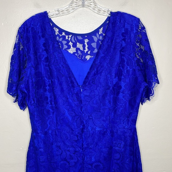 MSLG Sheath Blue Dress Lace Overlay Short Sleeves Croquette Scalloped Hem NWT Lg - Picture 4 of 11